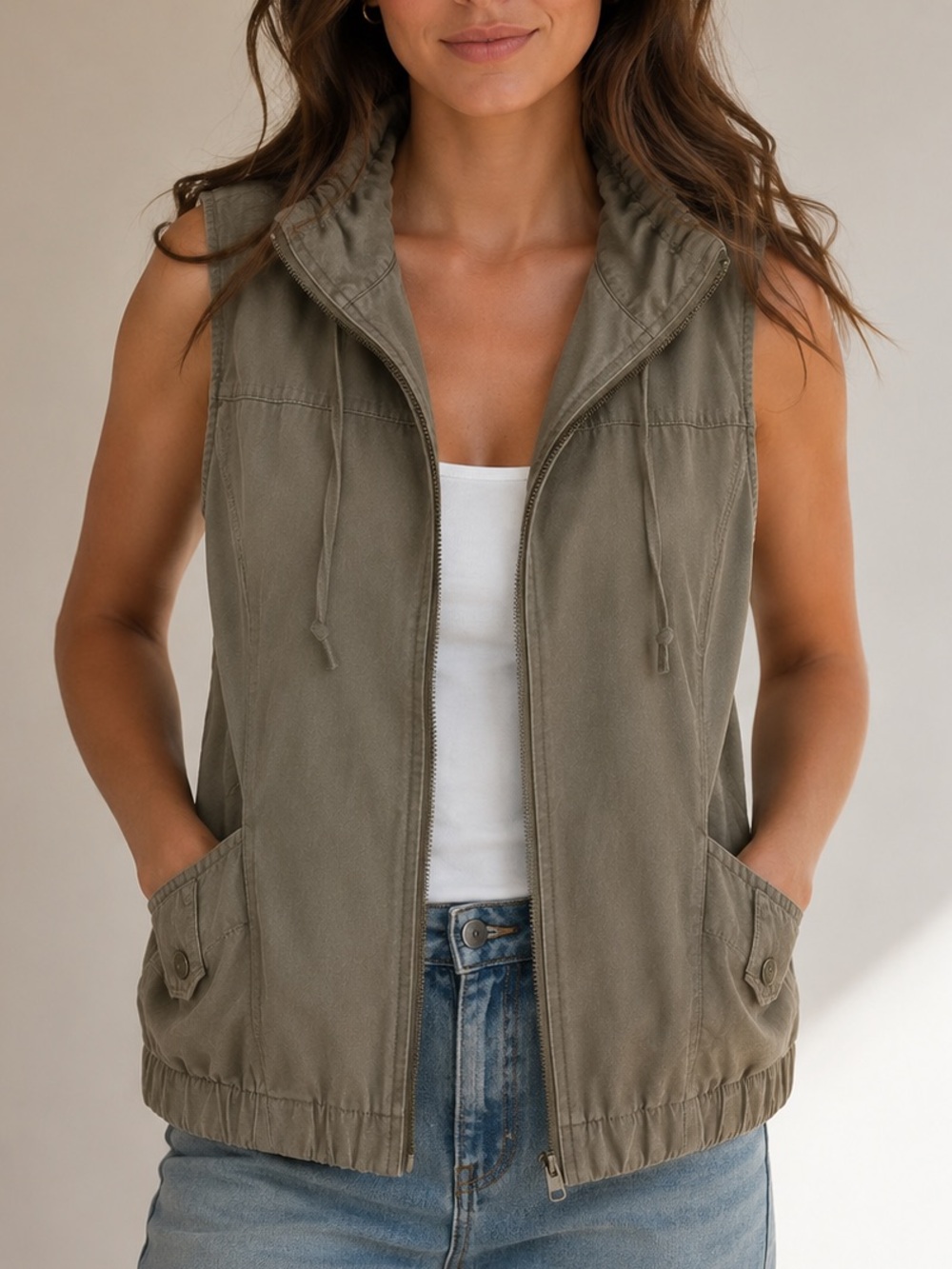 LA HEARTS OLIVE GREEN UTILITY VEST | ZIP FRONT | DRAWSTRING WAIST | CARGO STYLE